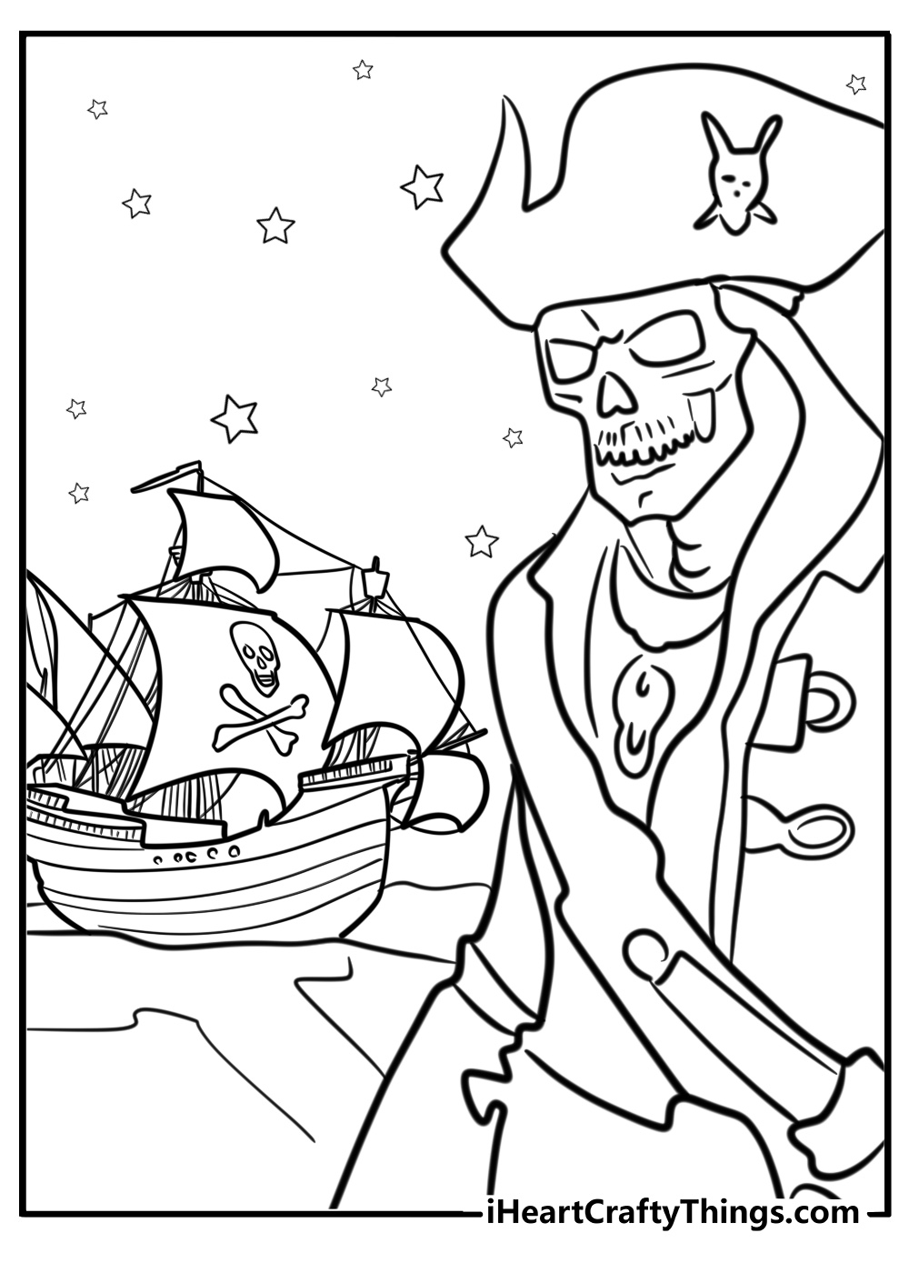 Pirate ship with a skeleton crew printable to color