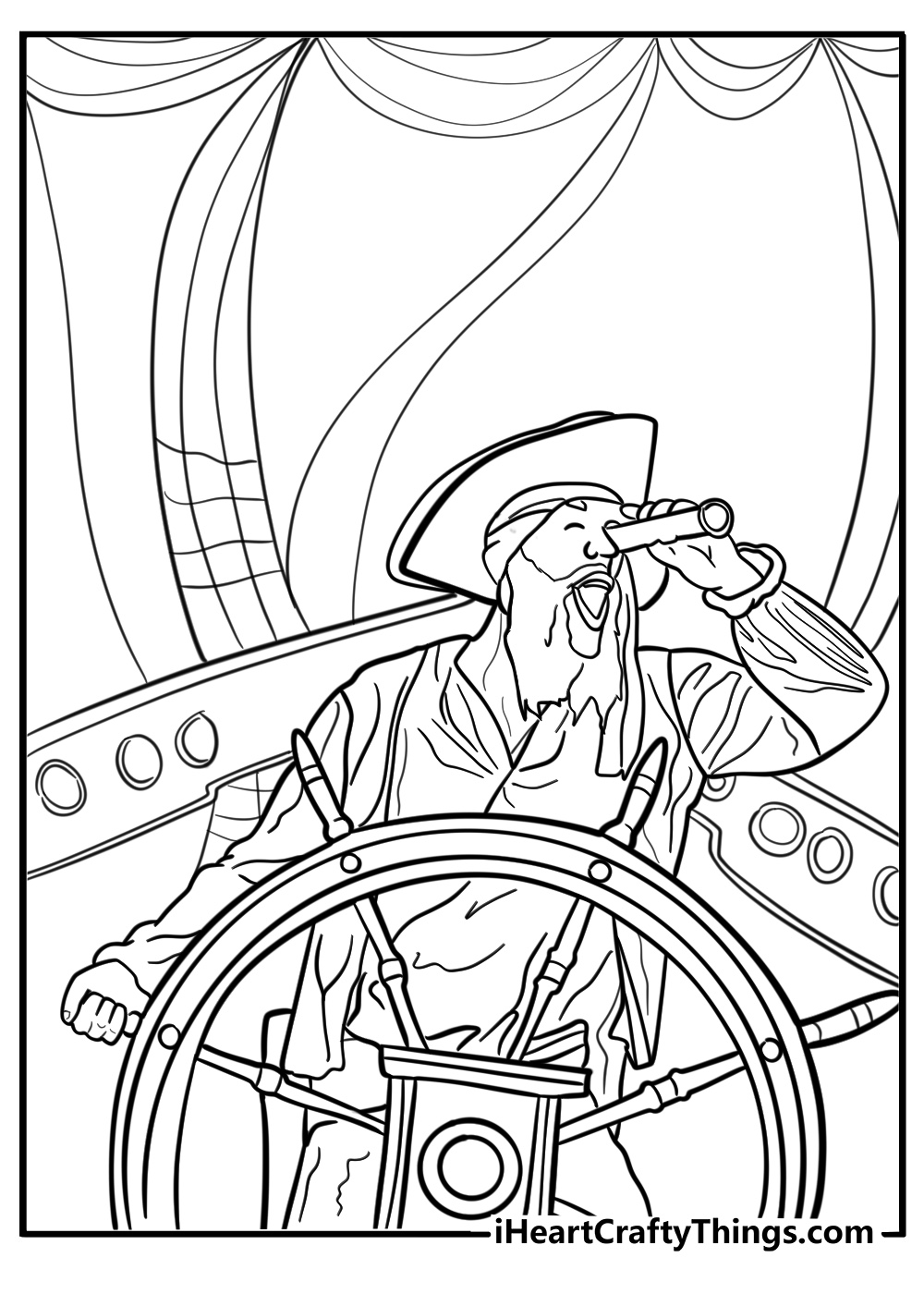 Pirate ship with an old pirate looking through a telescope printables to color