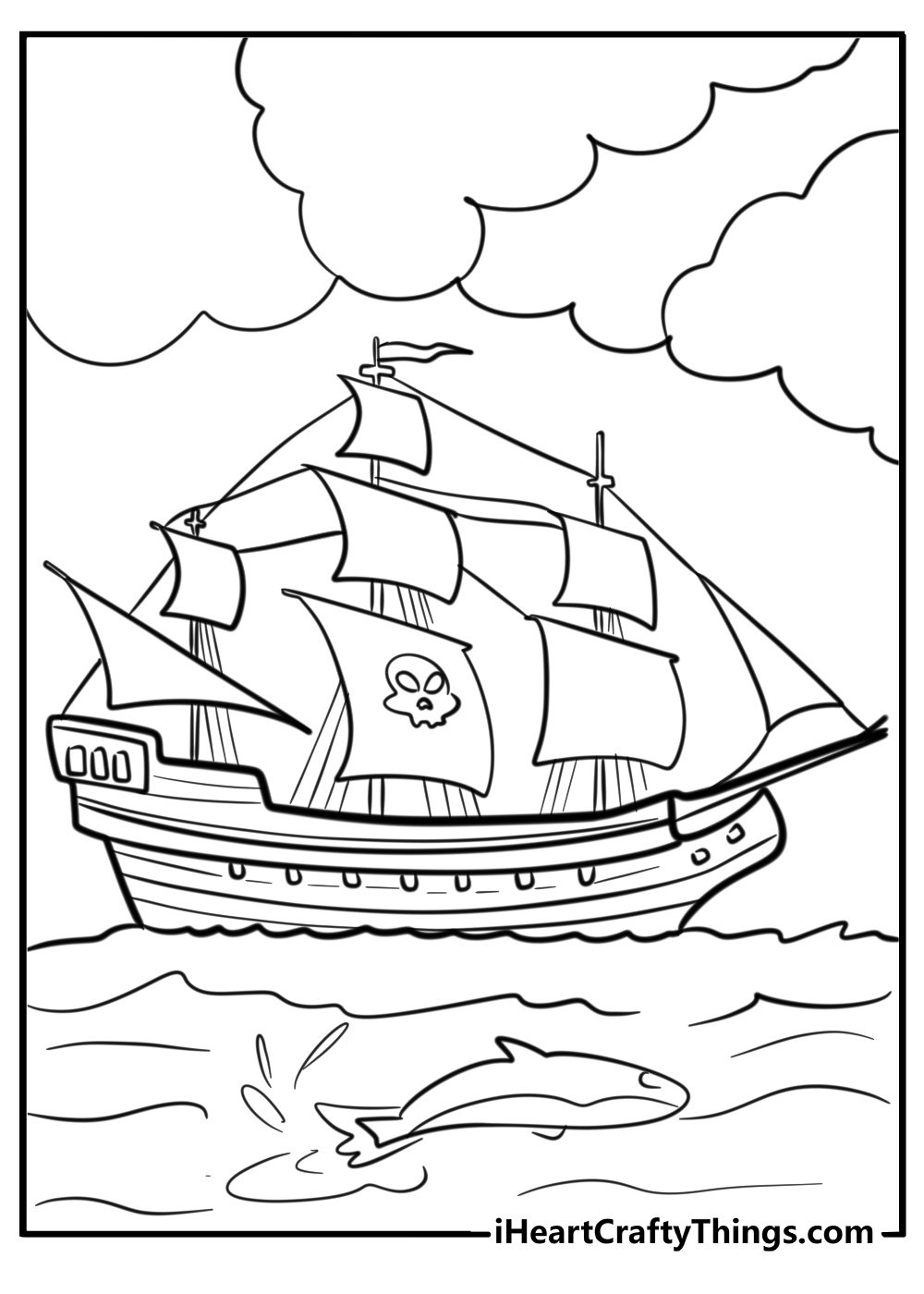 Pirate ship with dolphins swimming nearby coloring pages