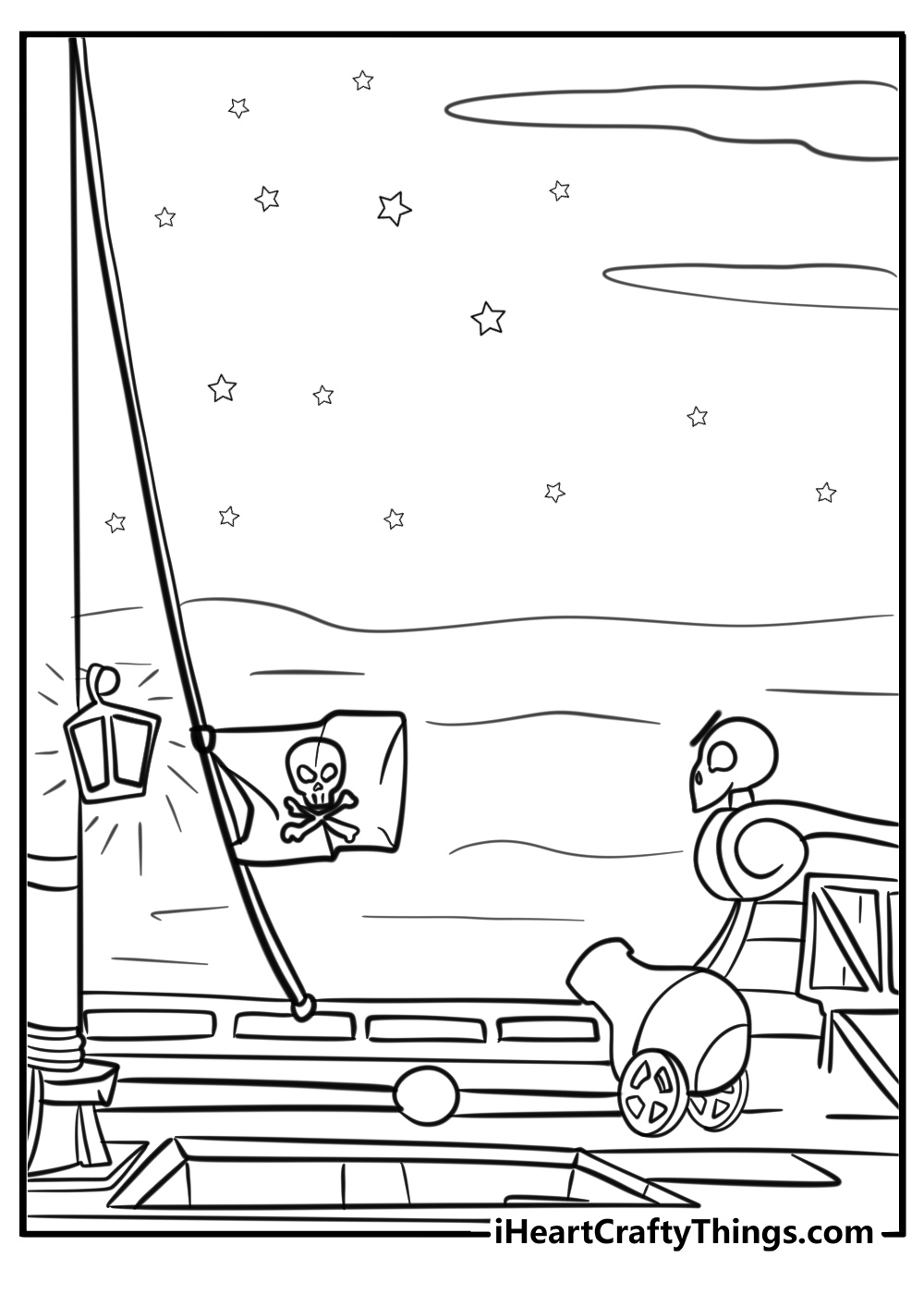 Pirate ship with lanterns lighting up the deck page to color