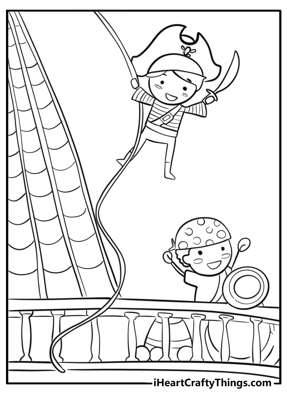 Pirate ship with pirate children on deck coloring sheet