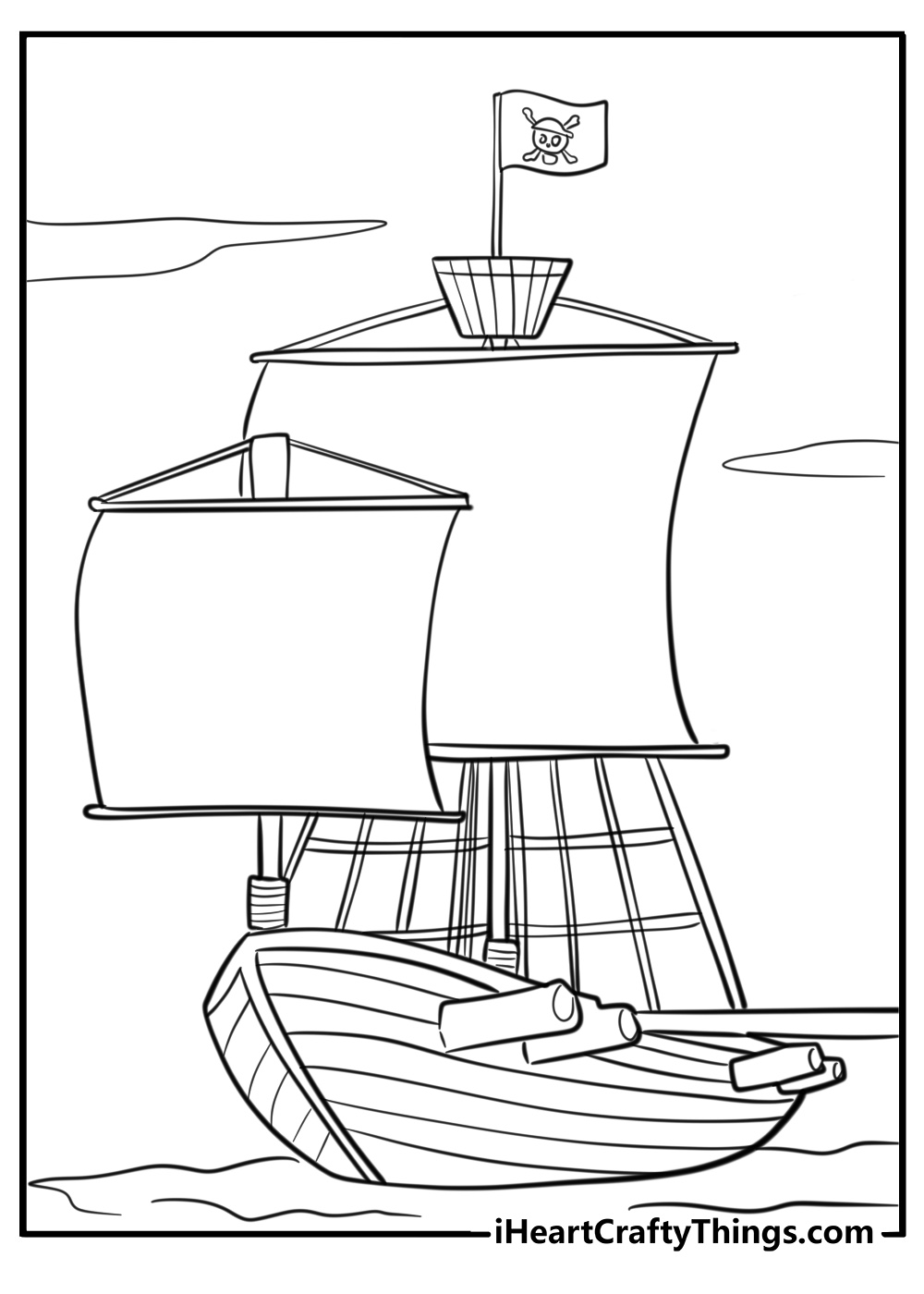 Pirate ship with pirate flags flying high coloring sheet