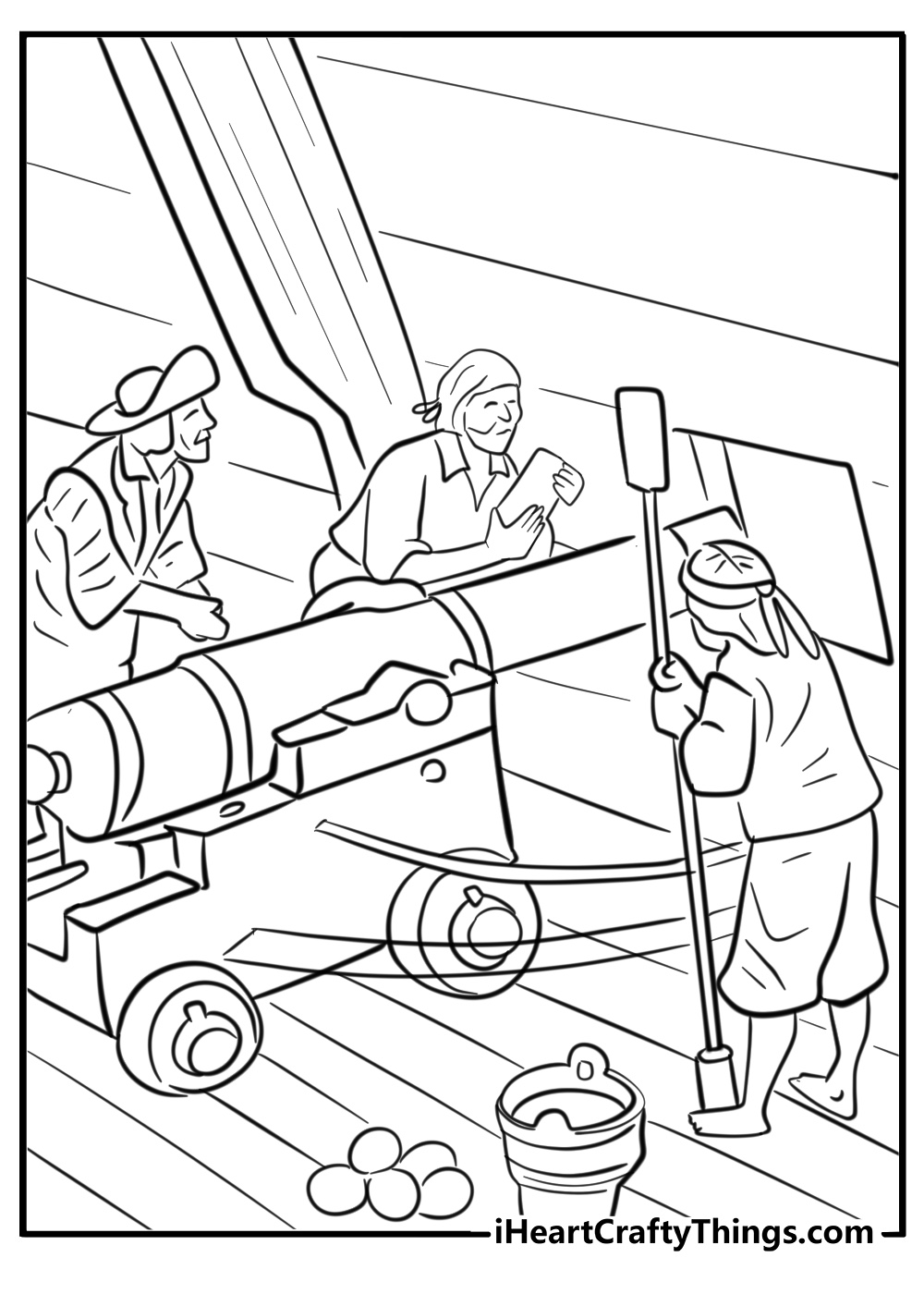 Pirate ship with pirates loading cannons free coloring page