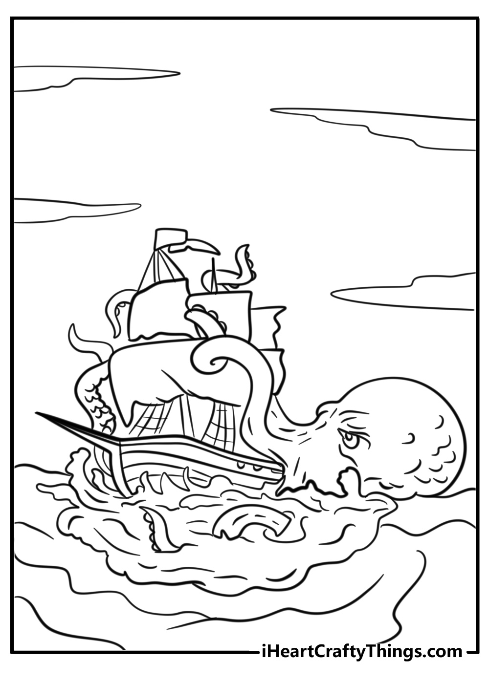 Pirate ship with sea creatures following printable to color