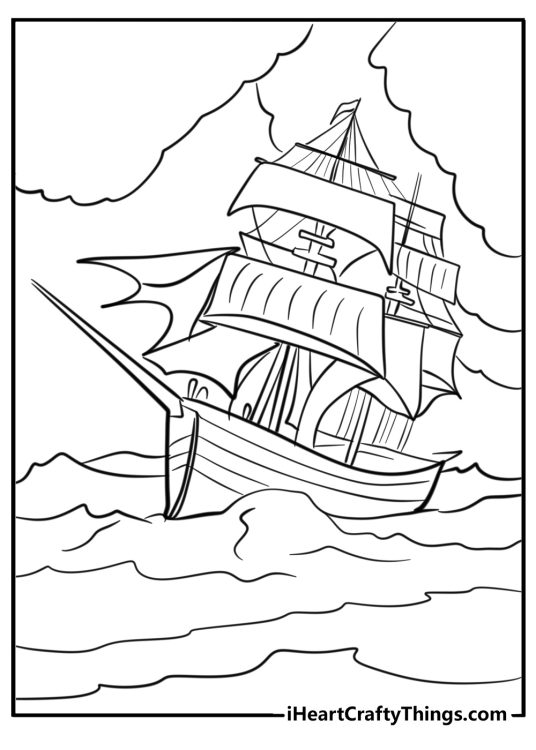 Pirate ship with torn sails in a storm coloring pages