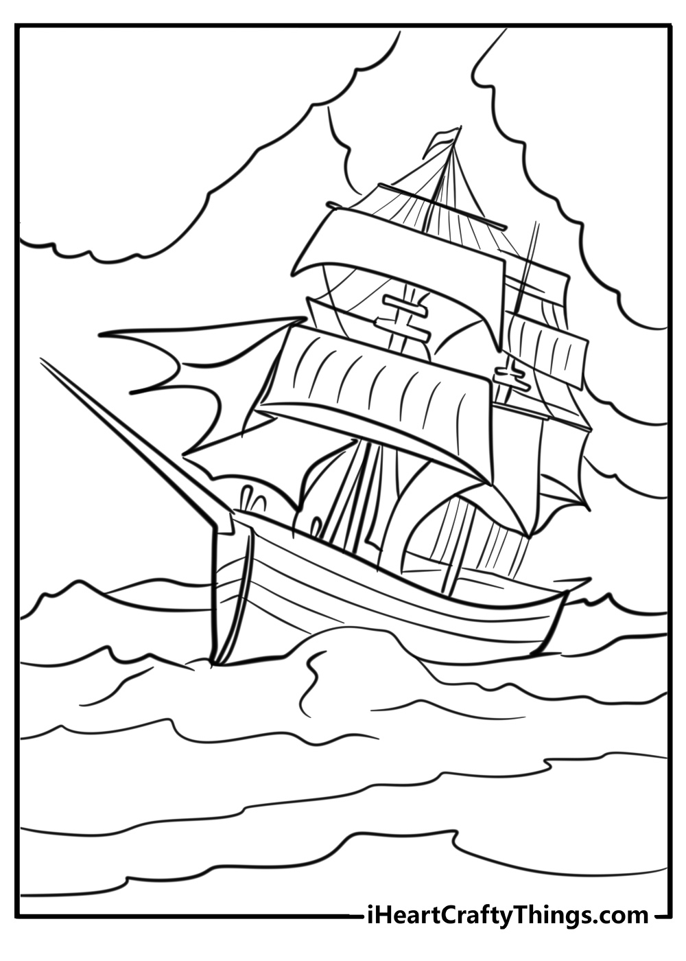 Pirate ship with torn sails in a storm coloring pages