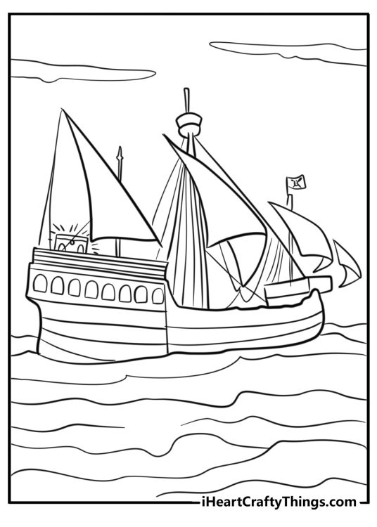 Pirate ship with treasure chests on deck page to color