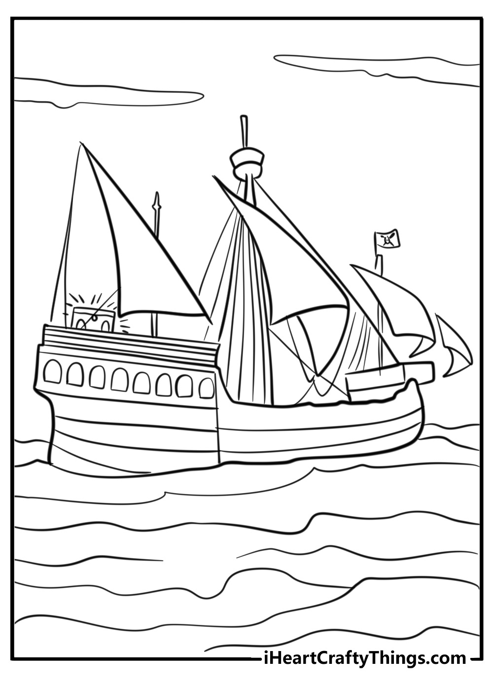 Pirate ship with treasure chests on deck page to color