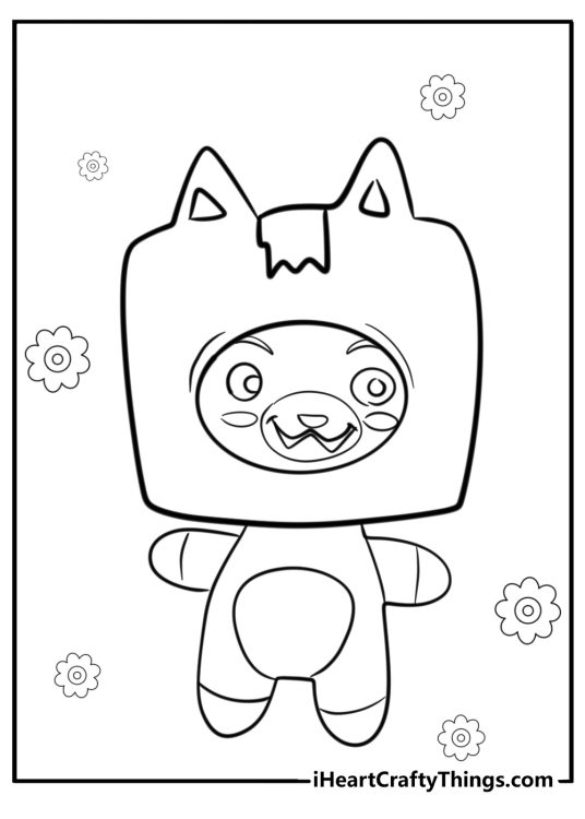 Coloring image for kids depicting Foxy from LankyBox with flowers in the background