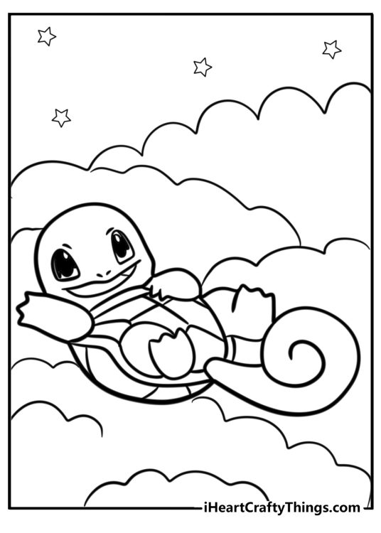 Detailed coloring page for kids featuring Squirtle relaxing surounded by clouds and stars