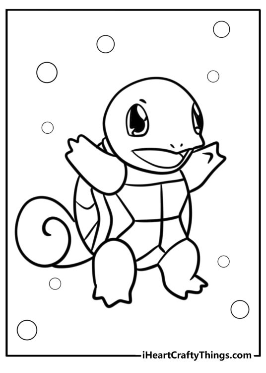 Pokemon coloring sheet featuring Squirtle ready to jump with hands up and bubbles in the background