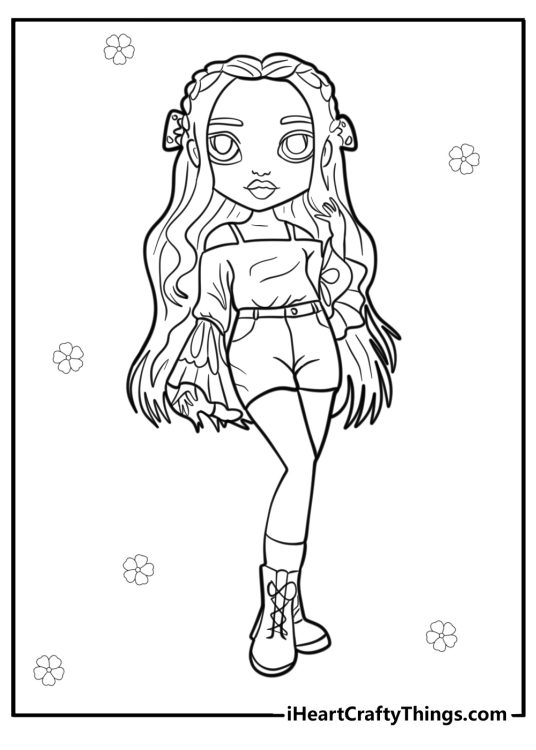 Printable coloring sheet for kids featuring stylish Rainbow High character Poppy
