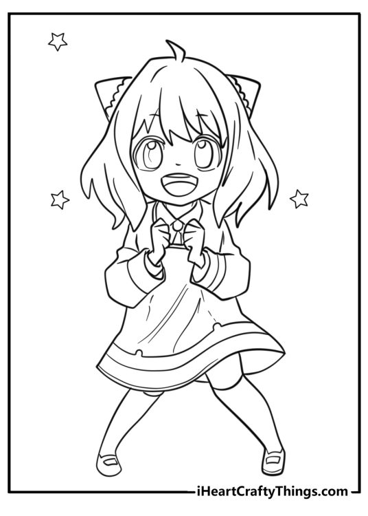 Coloring page featuring very excited-looking pretty Anime girl with stars all around her