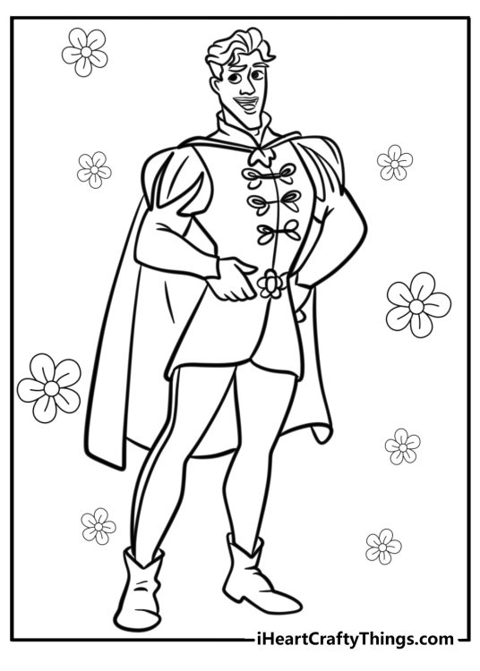 Princess and the Frog coloring sheet featuring Prince Naveen standing tall in his full royal regalia