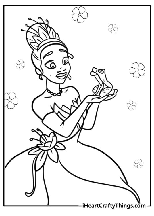Princess and the Frog coloring picture of a princess Tiana holding a frong in her hands surrounded by flowers