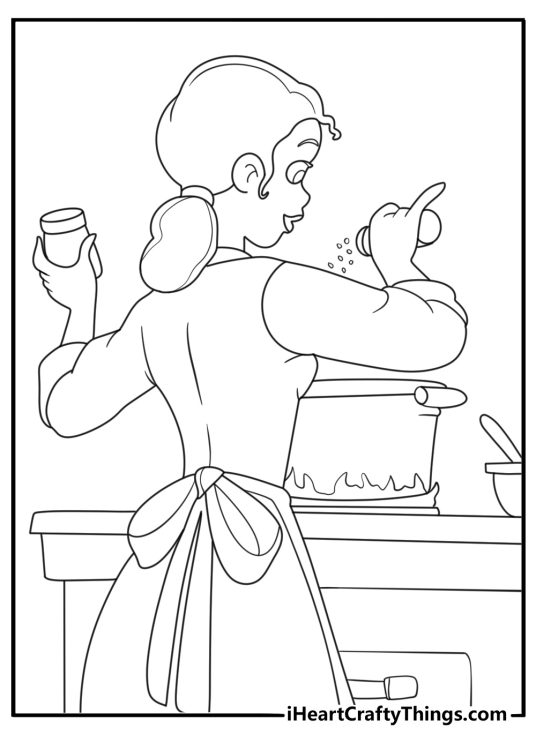 princess and the frog coloring page featuring tiana cooking in her restaurant kitchen