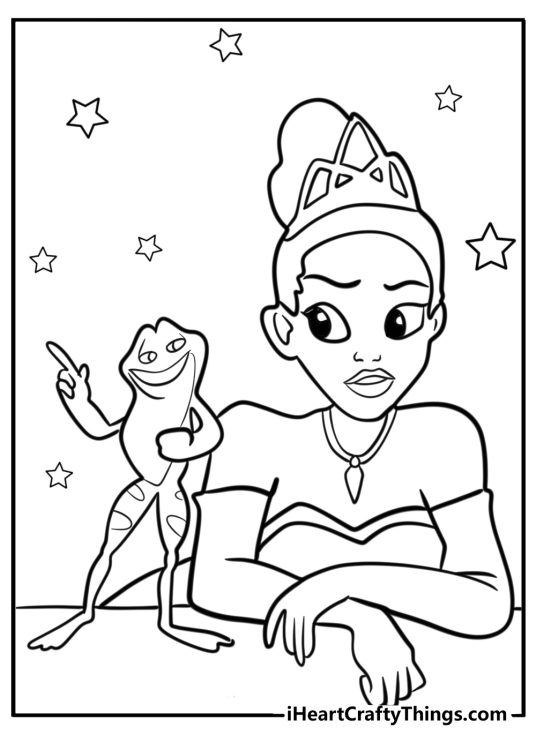 Princess and the Frog coloring image featuring concerned Tiana and a happy frog on her right side