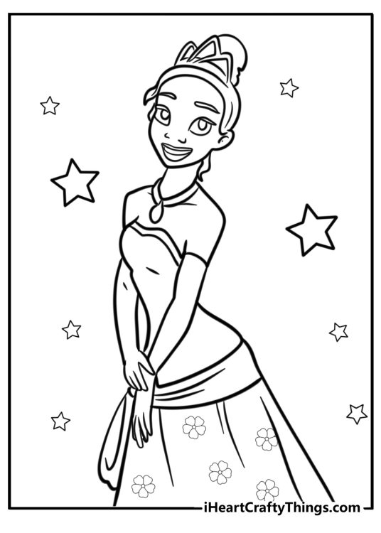 Princess and the Frog printable pdf featuring Tiana in her special ballgown and stars all around her