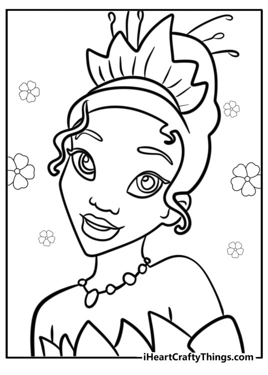 Detailed Princess and the Frog poster featuring a closeup portrait of Princess Tiana with flowers all around her