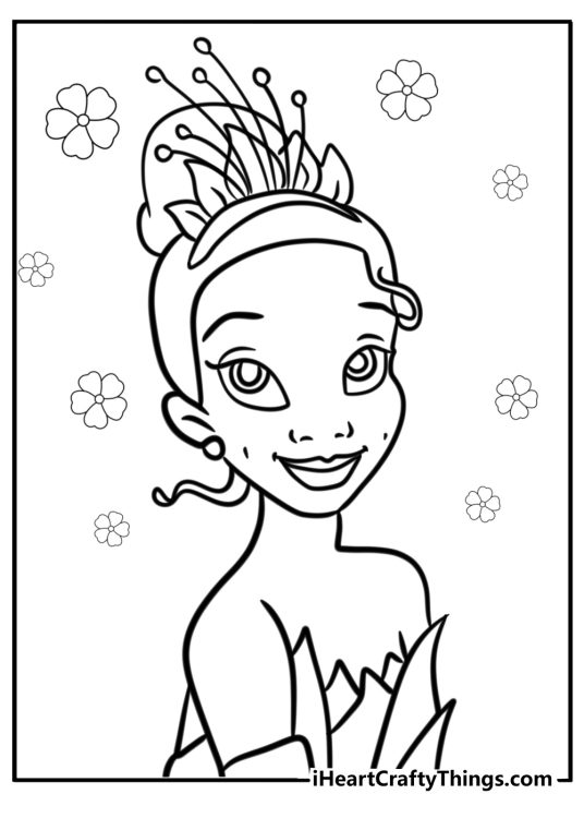 Princess and the Frog-themed printable pdf featuring simple Princess Tiana outline to color