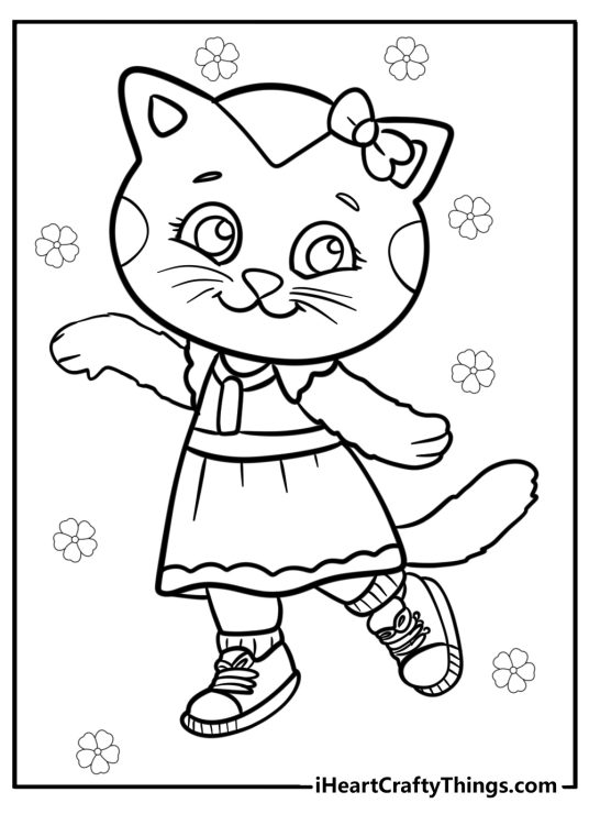 Daniel Tiger coloring sheet to print featuring smiling Katerina surrounded by flowers