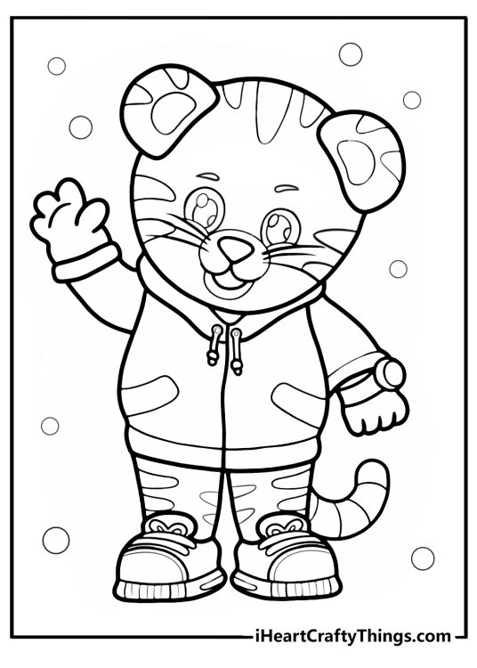 Daniel Tiger-themed printable picture to color presenting cheerful Daniel waving to us