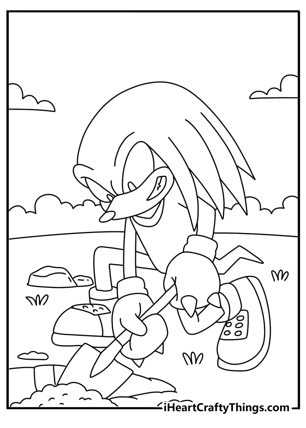 printable knuckles coloring page showing the echidna searching for buried treasure