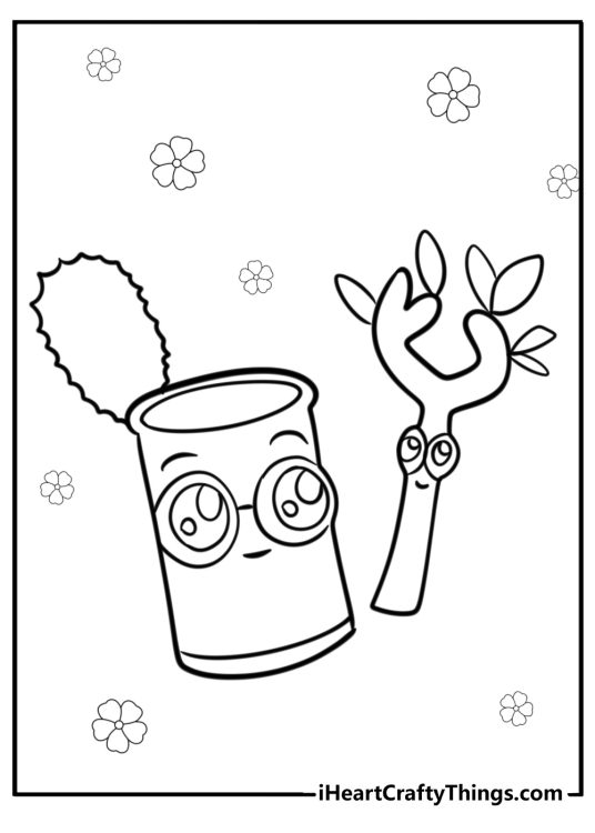 Free printable coloring picture featuring LankyBox characters Sticky and Canny with flowers all around them