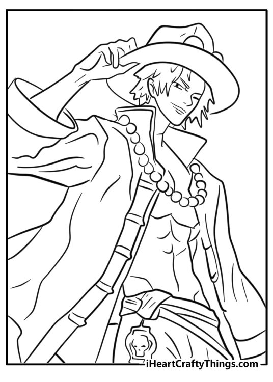 Detailed One Piece-themed coloring picture featuring Portgaz D Ace tipping his hat