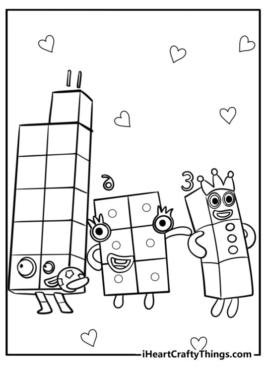 Printable coloring page with Numberblocks 11, 6 and 3 hanging out surrounded by hearts