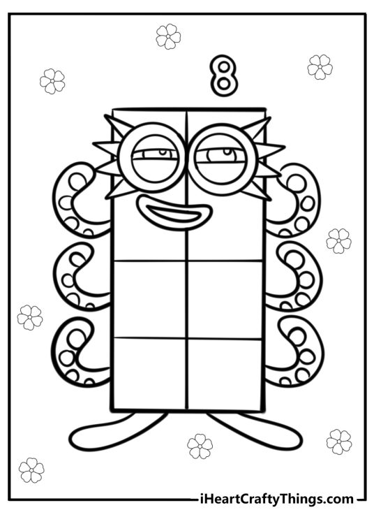 Numberblocks-themed coloring page featuring Number 8 with two feet and 6 hands