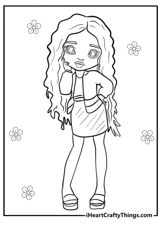 Rainbow High coloring page presenting stylish character dressed in a mini skirt and a bomber jacket