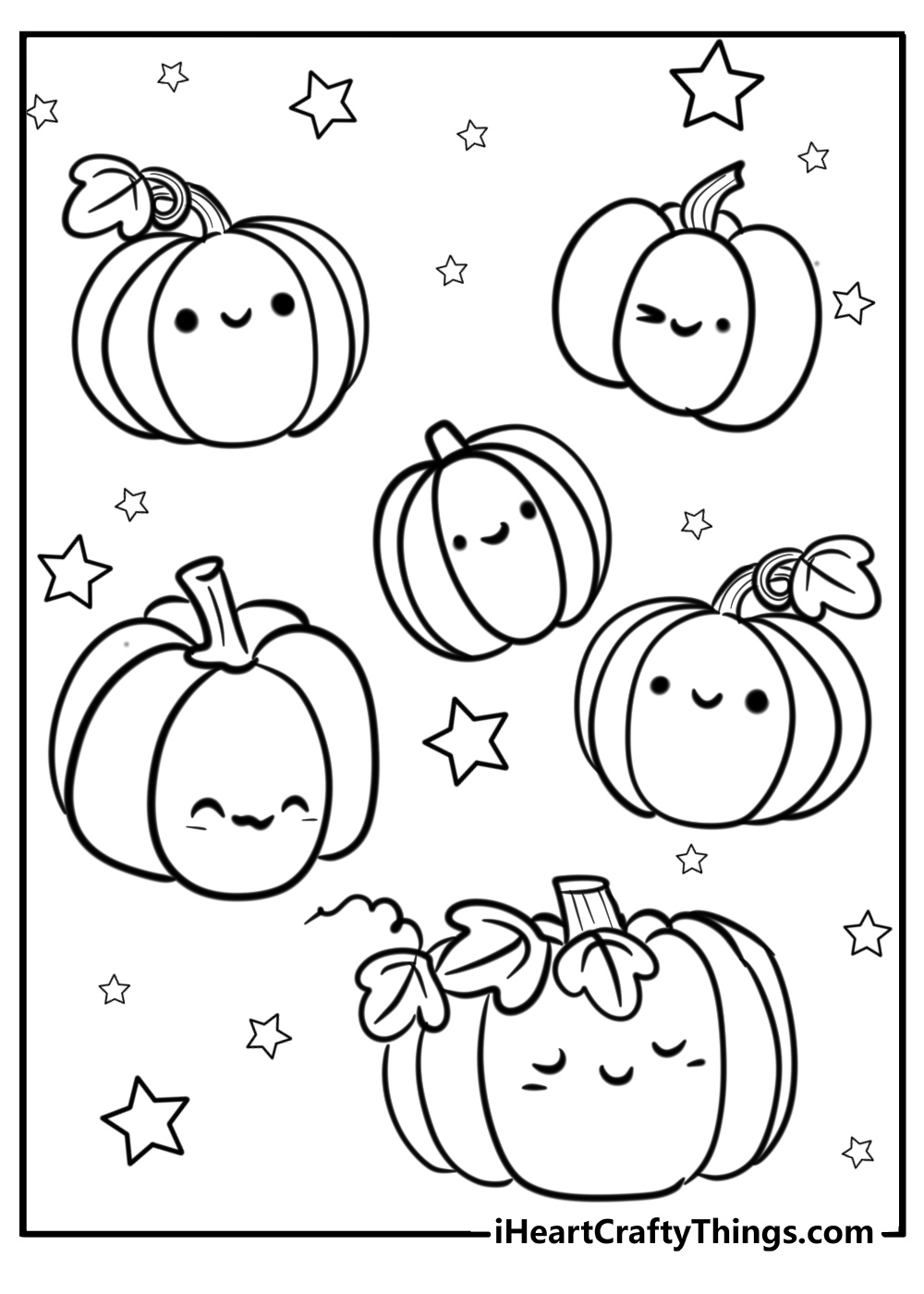 Pumpkin patch with smiling Jack-o'-lanterns fun coloring sheet