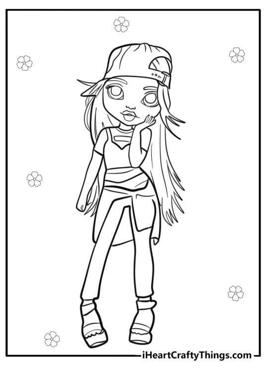 Black-and-white printable picture for kids featuring punk style Rainbow High character
