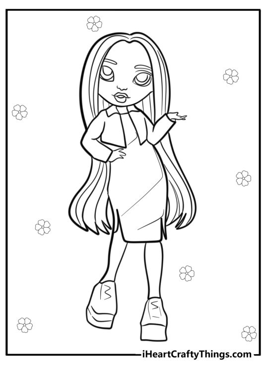 Rainbow High printable coloring sheet featuring elegant character Amaya with flowers in the background