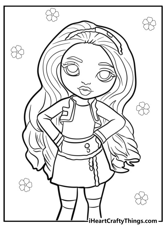 Coloring picture presenting Bella Parker from Rainbow High surrounded by flowers