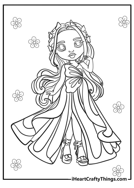 Coloring book page presenting Rainbow High character Poppy wearing dress inspired by a butterfly theme