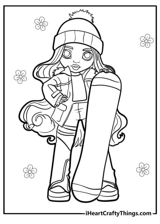Coloring image for kids presenting Rainbow High character Ruby ready for intense sledding