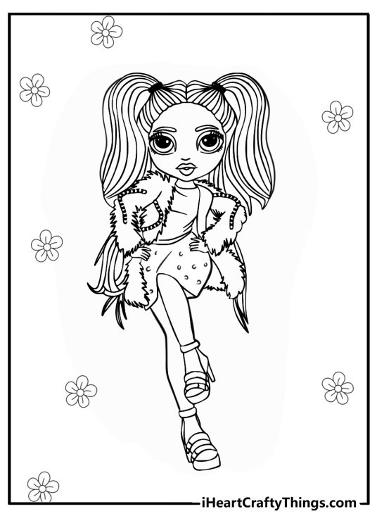 Free printable coloring page depicting stylish Rainbow High character with two ponytail hairstyle