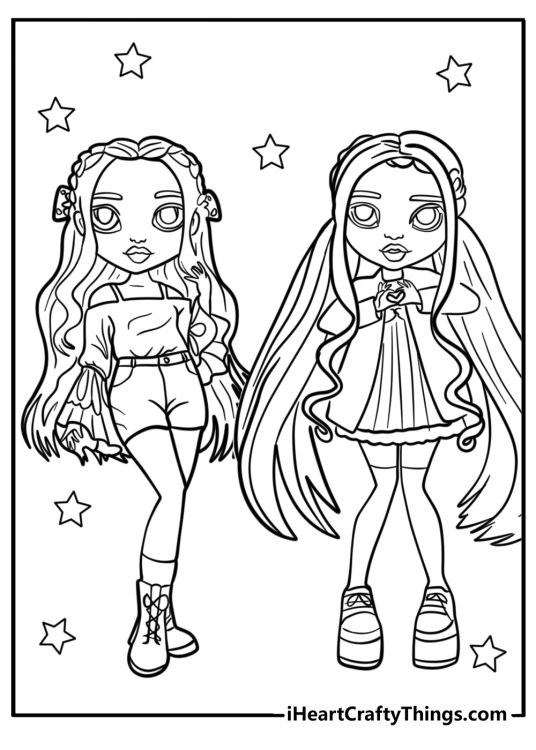 Detailed coloring page featuring two trendy Rainbow High dolls with stars all around them
