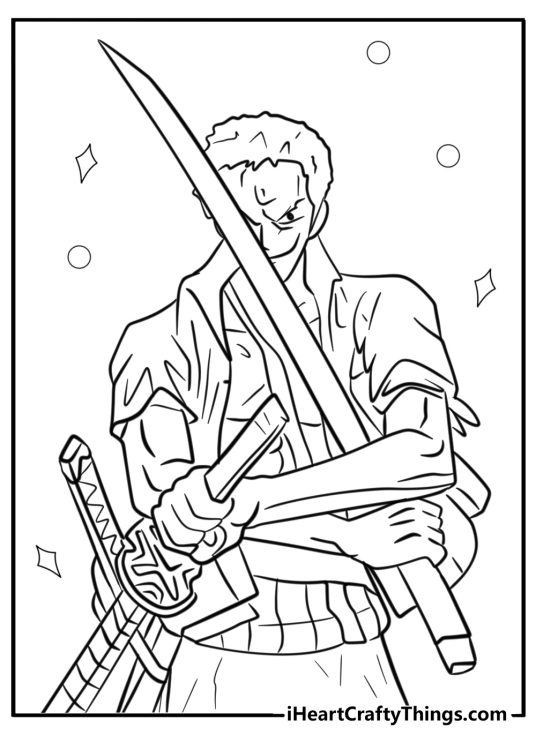 One Piece-themed coloring image depicting Zoro showing off his skills with a blade