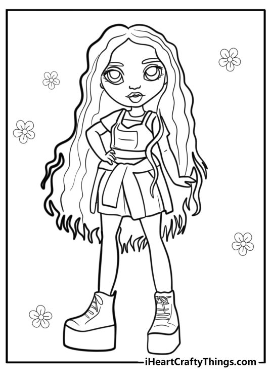Coloring picture featuring bright and trendy Rainbow High character Ruby Anderson