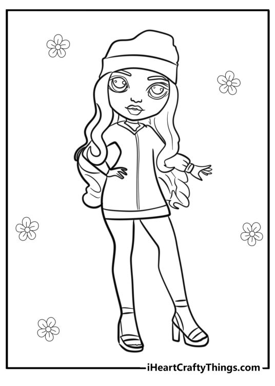 Picture to print and color of a Rainbow High character Ruby wearing short dress and a hat