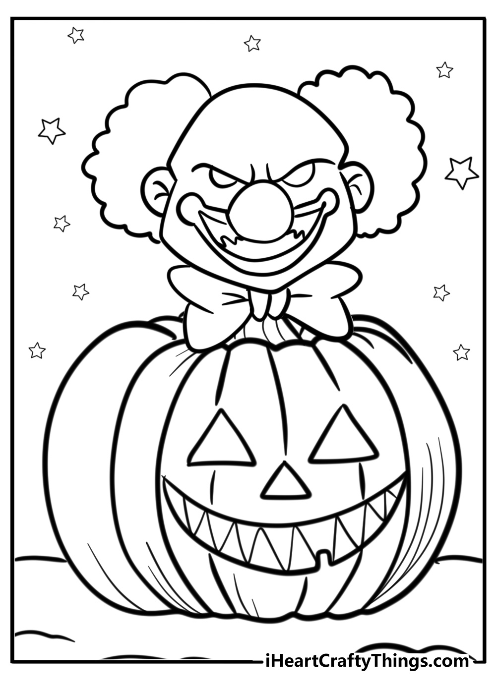 Scary clown with a Jack-o'-lantern fun Halloween coloring sheet