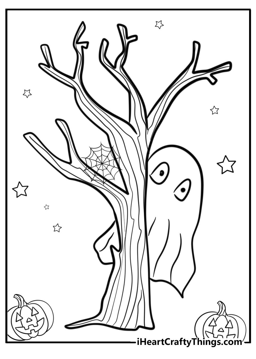 Scary ghost hiding behind a tree Halloween coloring sheet