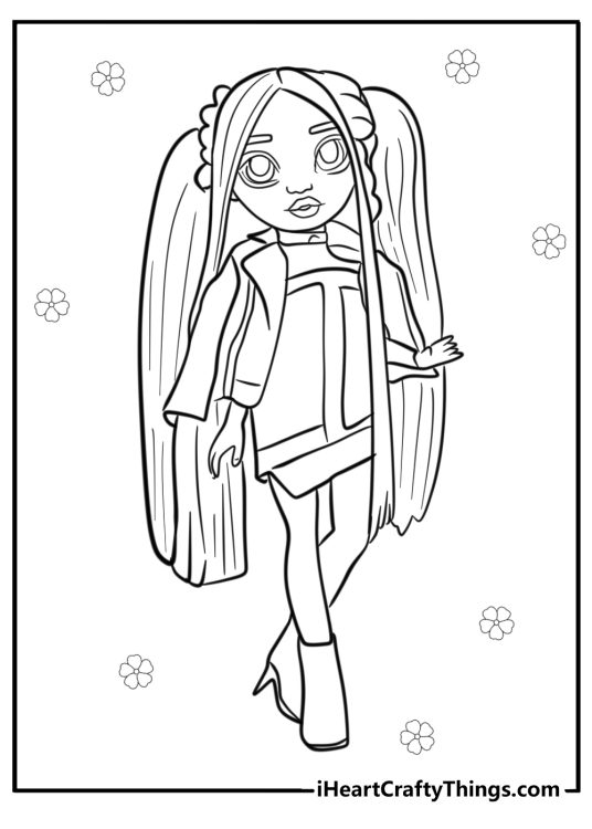 Rainbow High-themed coloring image featuring Shadow High character Heather Grayson
