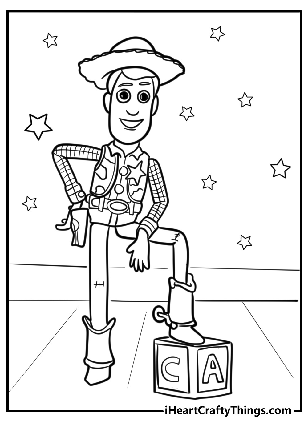 Sheriff woody coloring page posing with one leg on an alphabet block