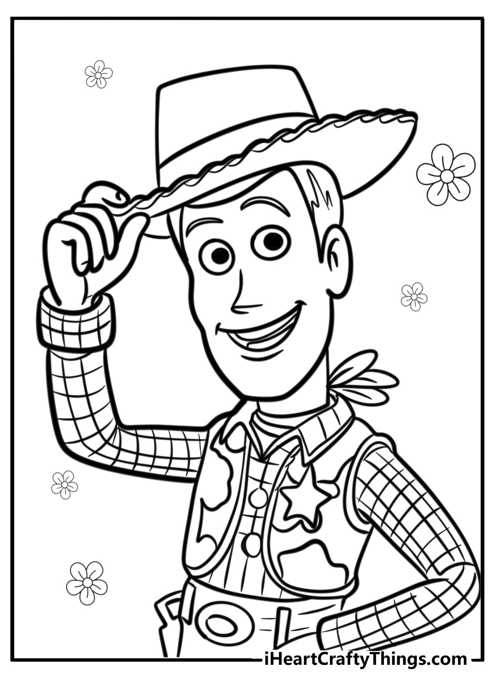 Simple woody coloring page tipping his hat for kids