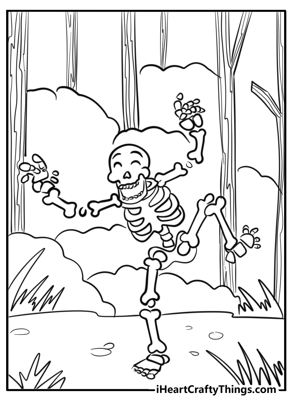 Skeleton dancing in a spooky forest Halloween coloring page