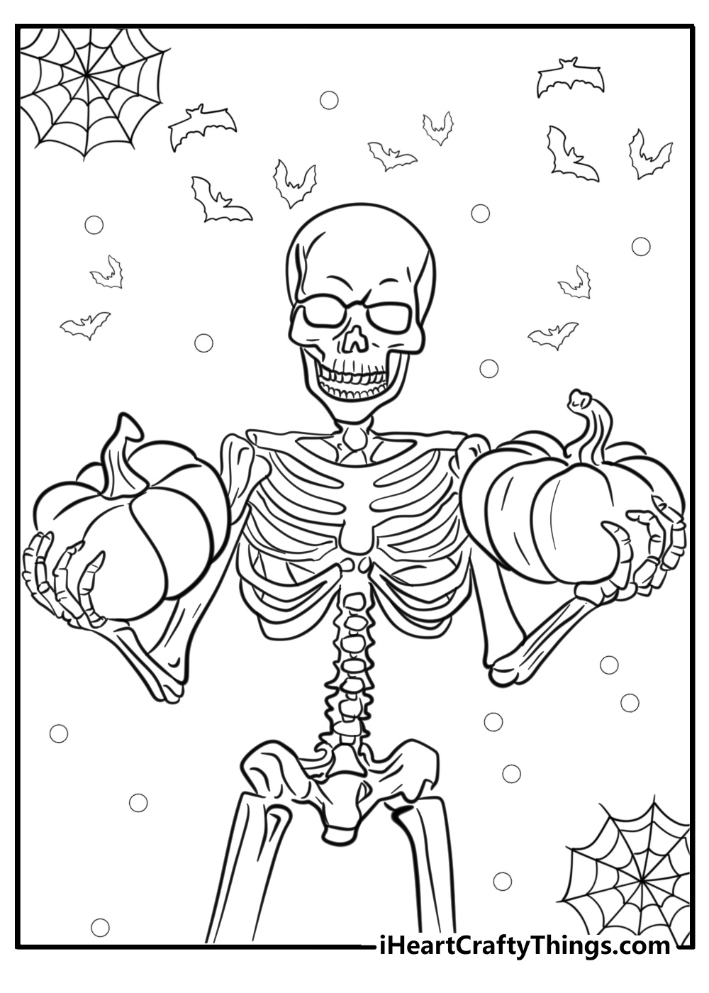 Scary skeleton holding pumpkins with bats in the background Halloween coloring pages